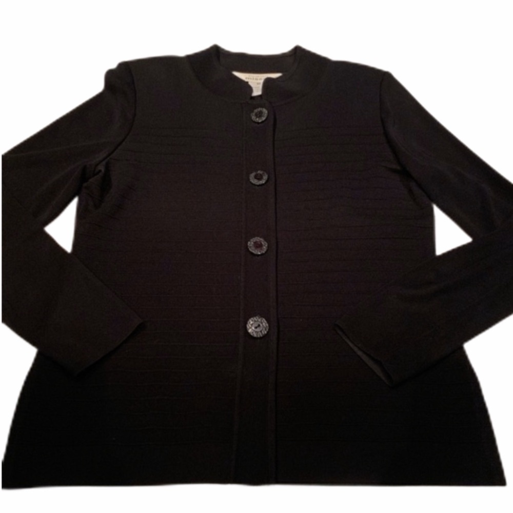 Exclusively Misook black acrylic button cardigan
